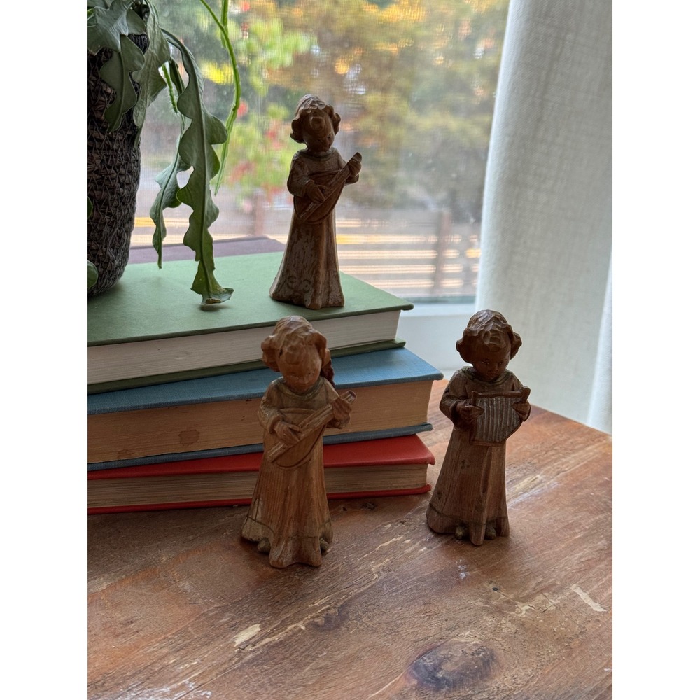 Vintage Carved Wood Angel Figurines Set of 3 Musical Orchestra Harp Lute FLAWS